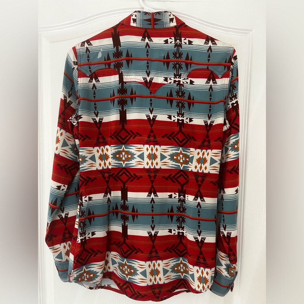 Wrangler Retro Teal Red Brown Southwest Aztec Pearl Snap Western Shirt, Size S - Picture 9 of 15